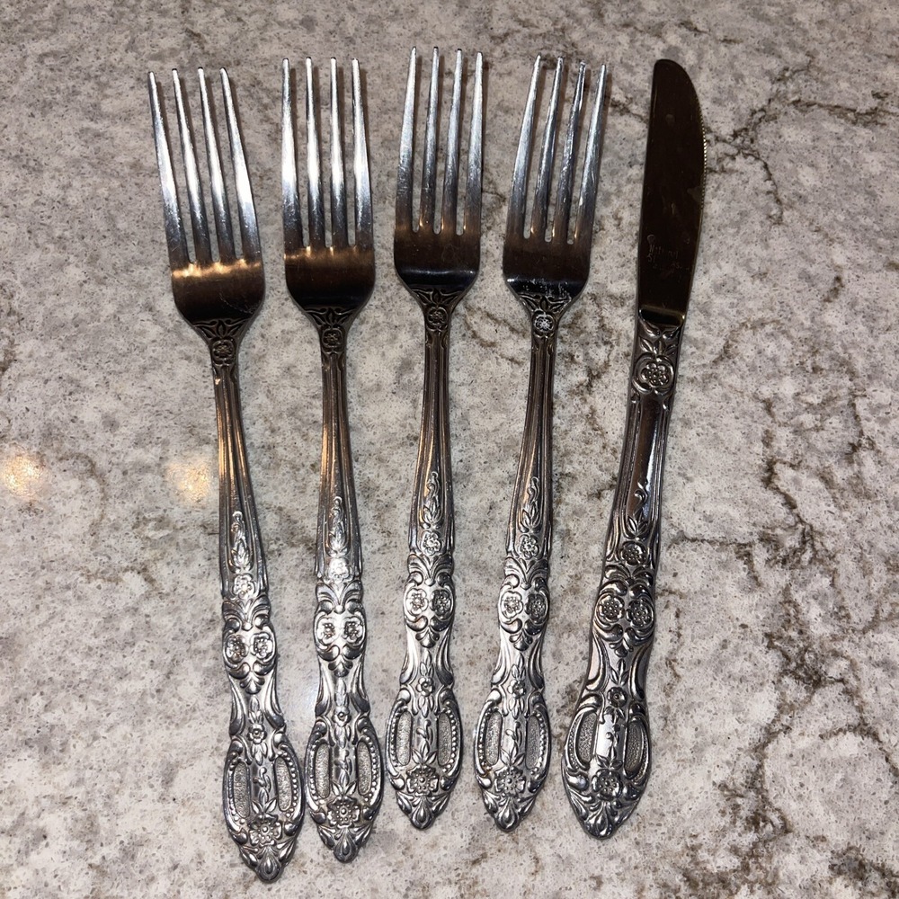 VTG MCM National Stainless NST 4 Dinner Forks 1 Butter Knife Floral Design Japan